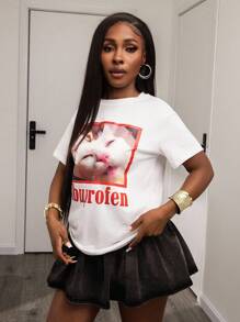 Noixe Grappig T-shirt met kattenpatroon, schattig kattenliefhebber casual dames T-shirt grafische T-shirts dames tops