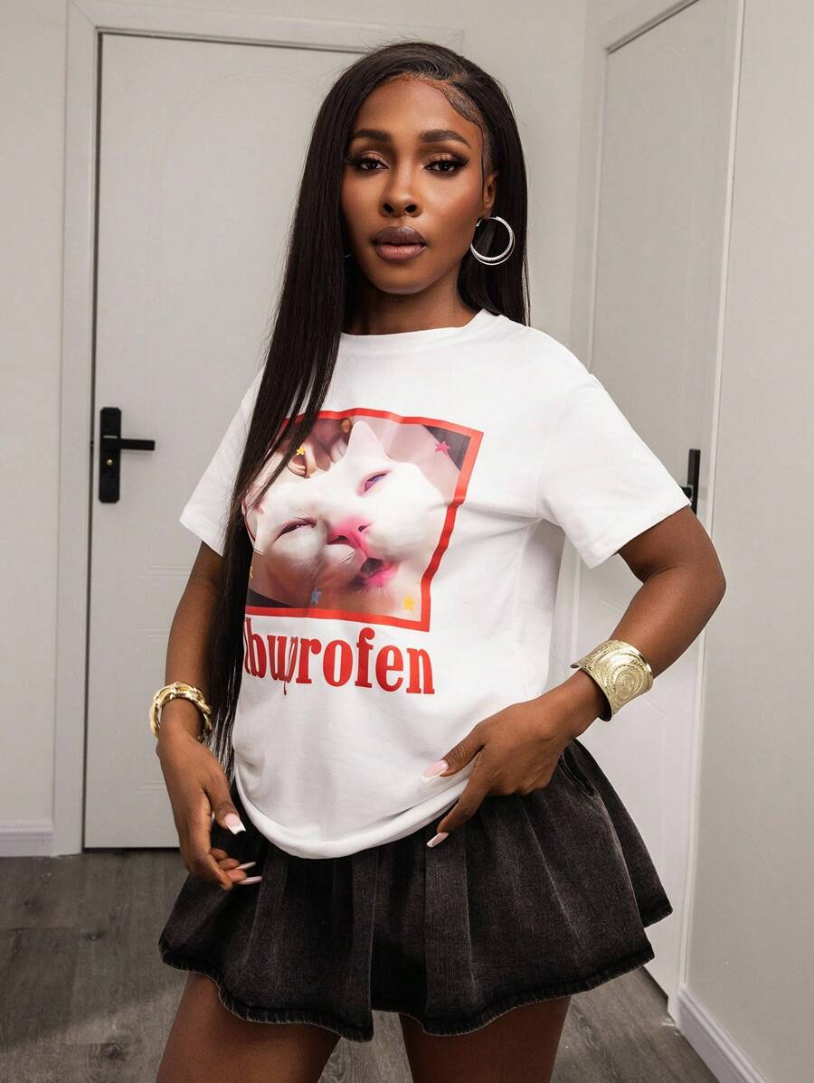 Noixe Grappig T-shirt met kattenpatroon, schattig kattenliefhebber casual dames T-shirt grafische T-shirts dames tops