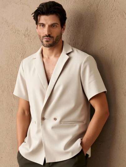 HIMLAND Men's Casual Woven Double-Breasted Short Sleeve Blazer, For Fall Winter