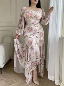 Feyla Plus Size Women's Spring/Summer Vacation Style Floral Print Square Neck Lantern Sleeve Ruffled Fitted Mermaid Hem Dress - Multicolor - View 6