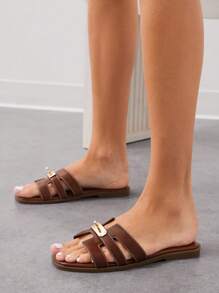 SHUZIA Women's Gold Lock Stitching Detail Square Toe Flat Premium Oil-Finished PU Brown Slides-Sophisticated, Elegant & Stylish For Christmas