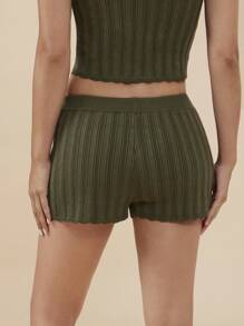 镂空针织高腰蝴蝶结前开襟修身扇贝形毛衣短裤夏季波西米亚风牛仔风沙滩装 - 軍綠色 - 查看 3