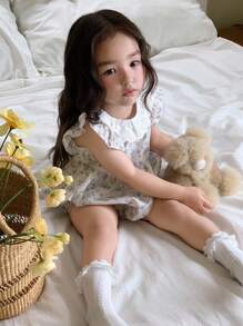 DAZY 女婴夏季休闲碎花荷叶边连体衣 幼儿女童服装 - 杏色 - 查看 5