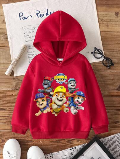 Rubble X SHEIN Young Boy Cartoon Pattern Red Long Sleeve Sweatshirt Fall Winter