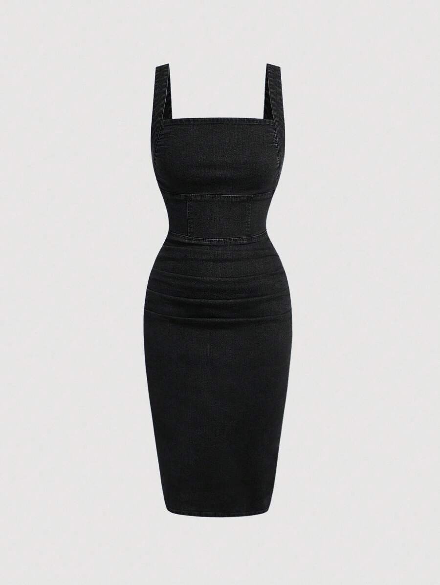 SHEIN MOD Sleeveless Knee-Length Black Denim Dress With Split Detail And Figure-Flattering Fit - Black - View 1