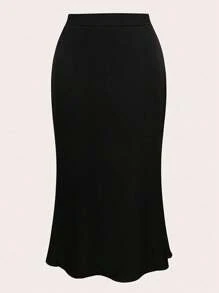 SHEIN PETITE 大码女式缎面美人鱼下摆半身裙 - 黑色 - 查看 5