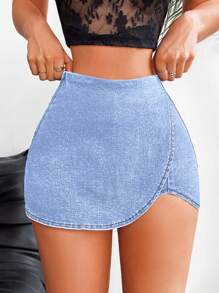 SHEIN Tall 女士休闲水洗裹身牛仔短裤 - 霧霾藍 - 查看 6