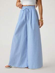 SHEIN Tall Damen-Freizeithose mit Taillenband, Streifenmuster, Taschen, weitem Bein, lockerem Schnitt und langer Passform, für große Frauen - Blau-Weiß - Übersicht 6