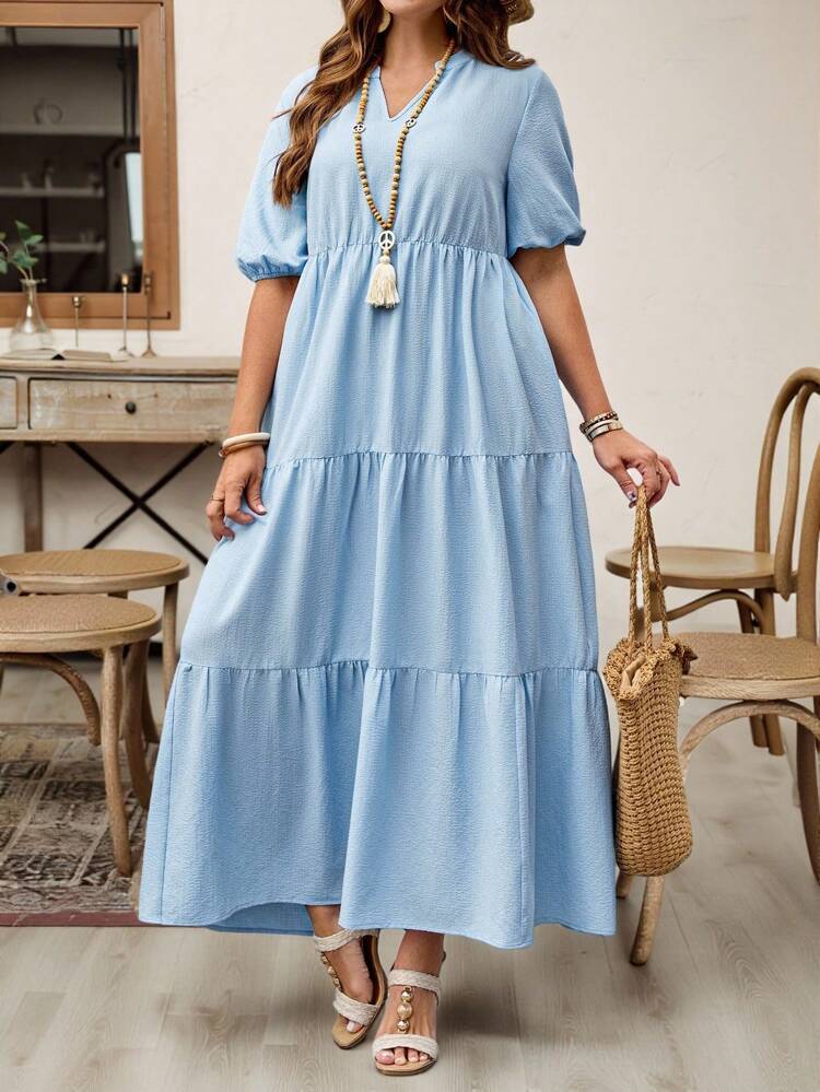 Plus Size Women Solid Color V-Neck Short Puff Sleeve Ruffle Hem Vacation Dress,Country Casual Vacation Outfits Woman,Simple And Fashionable For Everyday Wear,Summer Tops Women,Summer Outfits For Women,Vacay Outfits Women,Bohemian Clothes,Springbreak,Rave Outfits, Fall Women Clothes,Autumn,Fall Clothes
