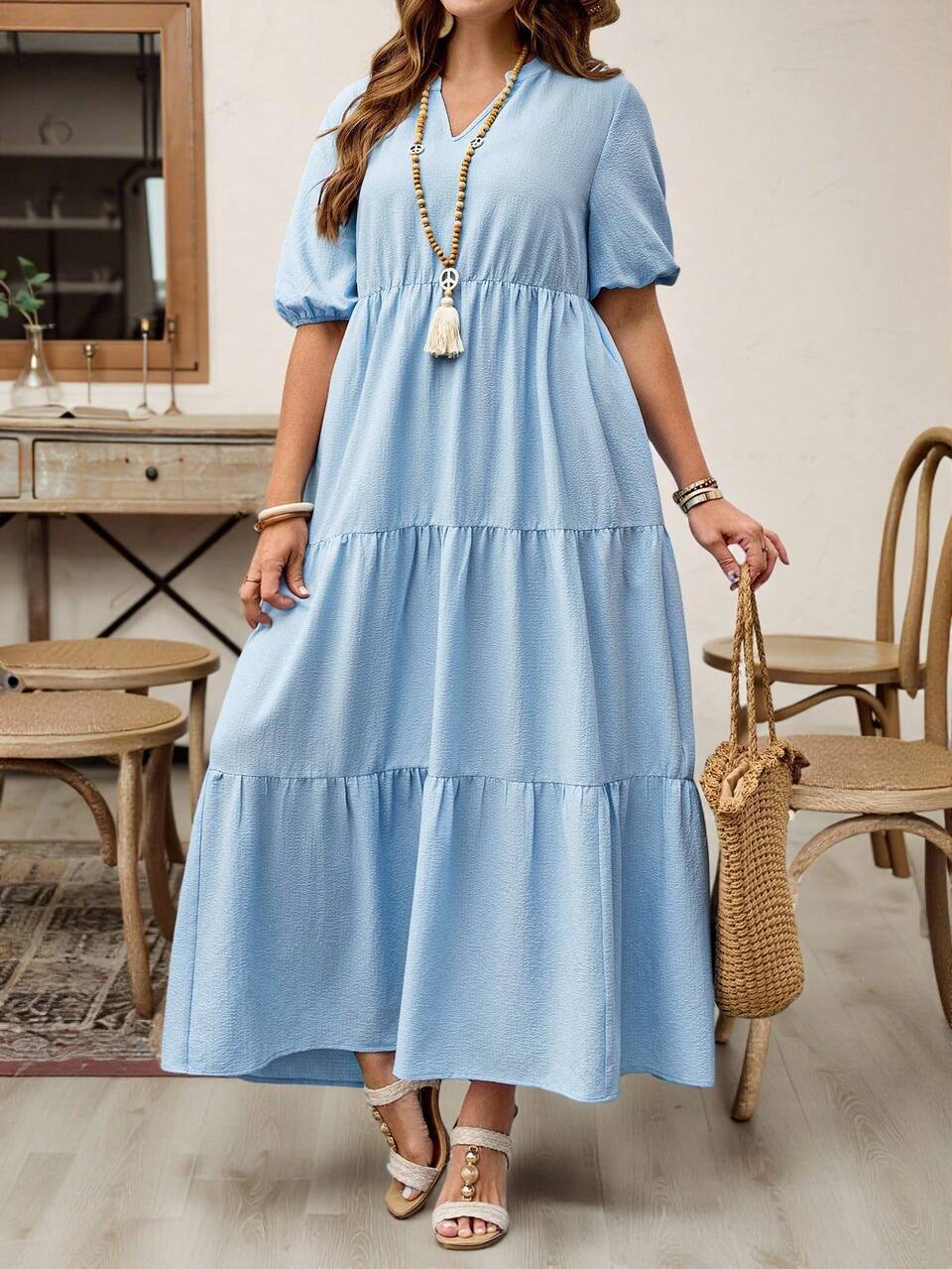 Plus Size Women Solid Color V-Neck Short Puff Sleeve Ruffle Hem Vacation Dress,Country Casual Vacation Outfits Woman,Simple And Fashionable For Everyday Wear,Summer Tops Women,Summer Outfits For Women,Vacay Outfits Women,Bohemian Clothes,Springbreak,Rave Outfits, Fall Women Clothes,Autumn,Fall Clothes