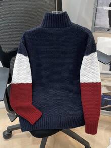 SHEIN Tween Boy 基本款休闲宽松前开撞色针织开衫，适合通勤、上学、日常休闲、运动、春夏秋冬 - 寶藍色 - 查看 3