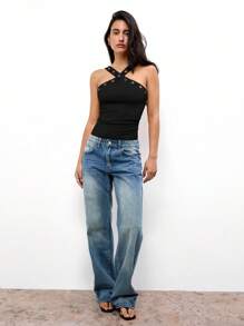 Maija Damski czarny top casualowy z ozdobnymi oczkami, uniwersalny na lato i na każdą porę roku, nowoczesny, miejski szykowny design, wygodny, dopasowany krój, ozdobny pasek w kształcie litery X, biznesowy, swobodny top streetwear z odkrytymi ramionami, bluzka uniwersalna inspirowana Y2K