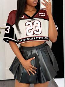 Slaydiva 女士休闲 V 领宽松短款 5 袖网眼 T 恤，印有数字 23，适合运动夏季 - 彩色 - 查看 4