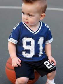 Camiseta deportiva informal y versátil de cuello en V de manga corta, cómoda, transpirable, fresca y con tejido que absorbe la humedad, apropiada para niños y niñas pequeños, adecuada para interior, exterior, diario, deportes, juego, fiesta, sesión de fotos, vacaciones, primavera/verano - Azul Marino - Ver 1