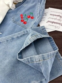 2Pcs Big Girl White Short Sleeve Polo Collar Cherry Print Shirt + Drooping Sense Tencel Denim Long Pants Set, Casual Commuting School Style - White - View 3