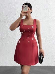EURMUSE A-Line Shaped Rhinestone Embellishment Princess Line Detailed Mini Elegant Dress, Party Dress - Burgundy - View 5