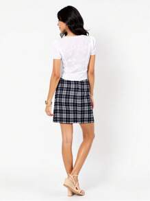 Wildy Blouse courte à manches courtes col V brodée avec garniture en dentelle pour femmes