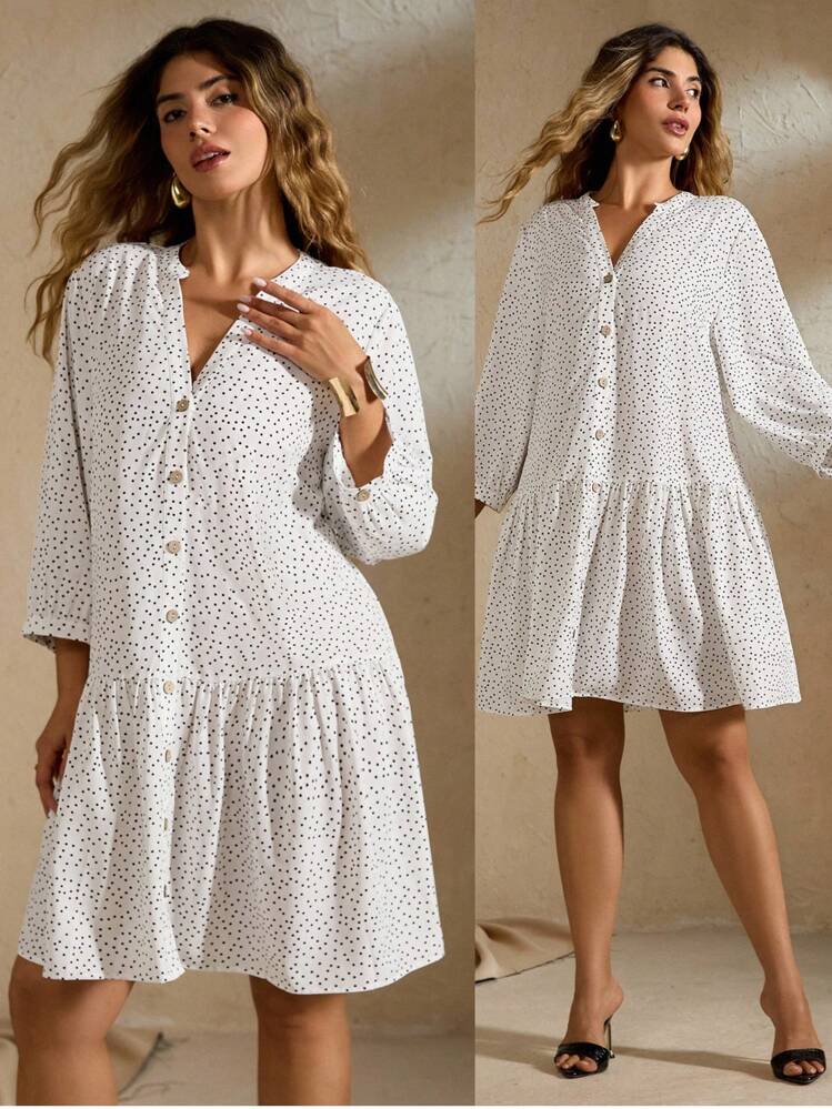 Flirla Plus Size Polka Dot French Puff Shoulder Ruffled Hem Dress - Black and White - View 6
