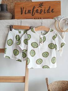 Vintaside Kids 2pcs/Set Cute Watermelon Print Baby Boy Casual Short Sleeve Top And Shorts Set - Green - View 3