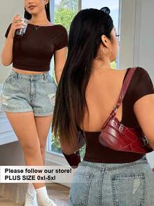 SHEIN EZwear Plus Size Brown Sexy Backless Short Sleeve Cropped T-Shirt, Summer - Brown - View 1
