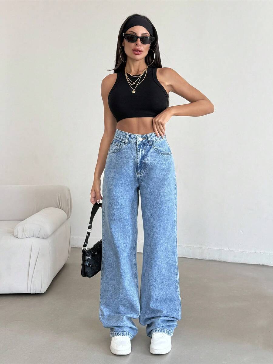 EURMUSE Blugi casual drepți cu talie înaltă pentru femei - Spălare ușoară - Vizualizare 1