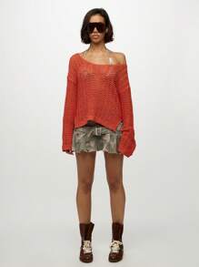 SUMWON WOMEN 钩针编织沙滩罩衫露肩长袖针织毛衣束腰外衣泳衣罩衫度假沙滩装套头衫 - 棕色 - 查看 3