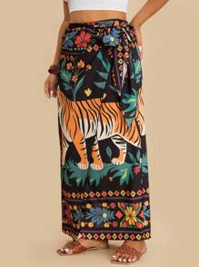 SHEIN VCAY 加大码女款热带植物与动物老虎印花波西米亚风裹身系带裙，夏季女款裹身裙，纱笼裙，虎纹裙，花卉印花裙，波西米亚风裙，度假，海滩，夏季，城市休闲，波西米亚风旅行，机场出行，乡村风，复古风，女士，图卢姆，教师返校秋季 - 彩色 - 查看 4