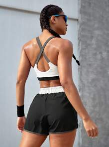 Powerista Conjunto deportivo de top corto de tirantes con estampado de letras y contraste de color, y shorts para mujer