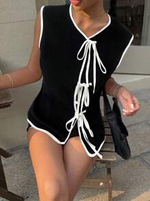 Siren Gaze Débardeur femme d'été avec bord contrasté, sans manches, style asymétrique - Noir - Voir 5