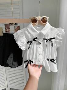 Set de 2 piezas con camisa informal de rayas tejida y falda corta de vuelo con estampado floral para niñas jóvenes - Blanco - Ver 7