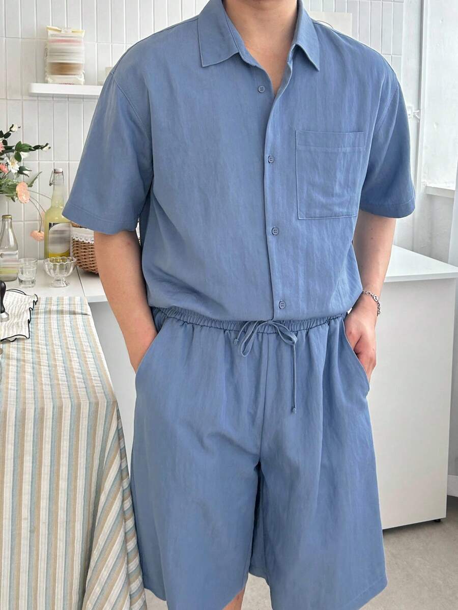 DAZY Summer Navy Solid Drawstring Elastic Waist Shorts, Matching Outfit With Men's Shirt - Blue - View 1