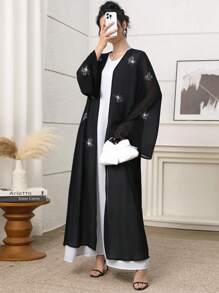 Veilorie 女士优雅水晶装饰喇叭袖阿拉伯长袍 - 黑色 - 查看 3