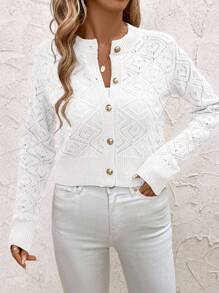 SHEIN Clasi Short Hollow-Out Casual Fashion Front Button Long Sleeve Women Cardigans In Fall/Winter - White - View 5