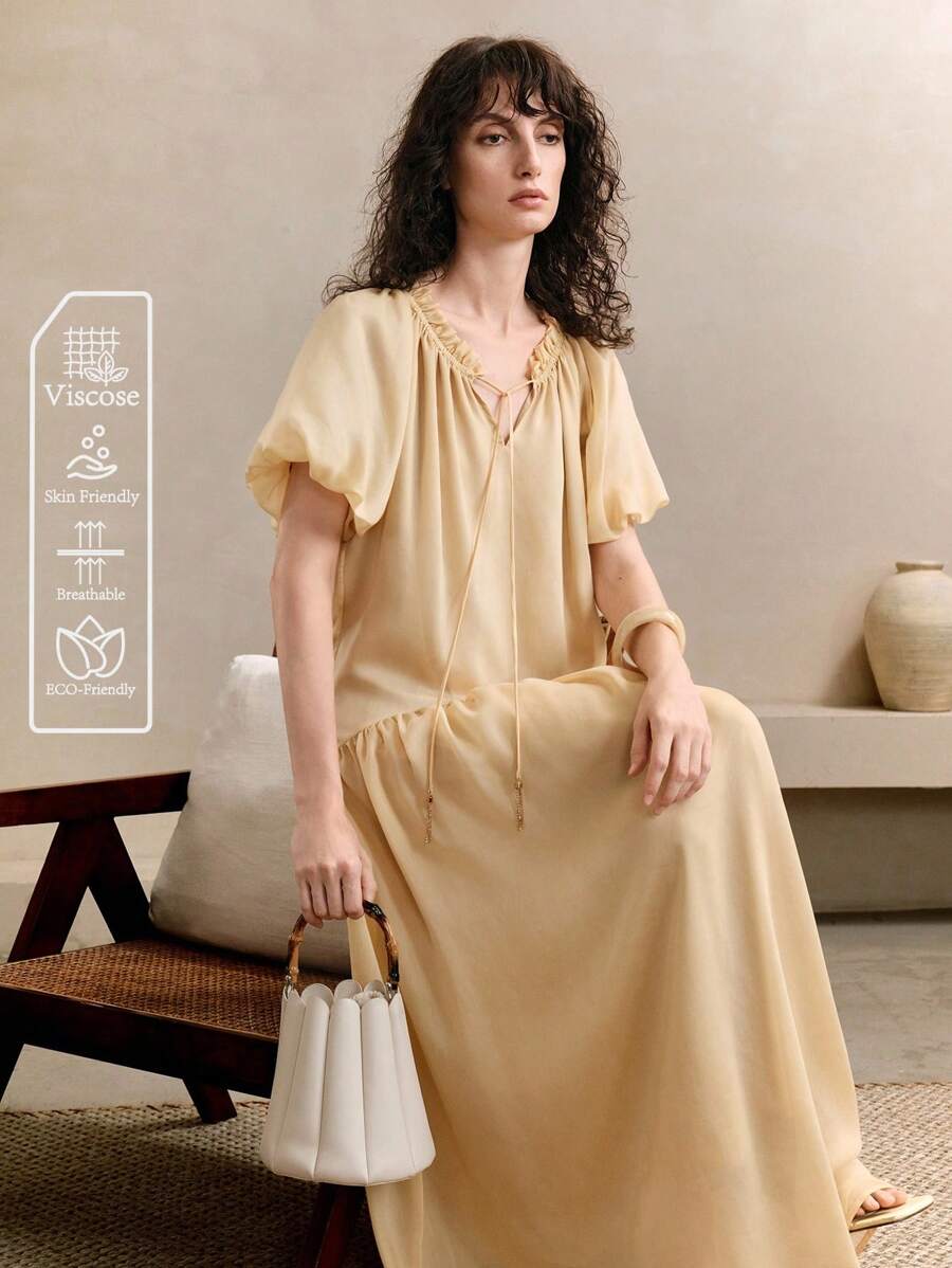 Arave Women's Viscose Fabric Summer Loose Casual Commuting Tie-Neck V-Neck Ruffled Lantern Sleeve Long Midi Dress,Butter Yellow Dress,Summer Dresses For Women,Casual Dresses For Woman,Flowy Dress,Modest Dresses For Women,Graduation Dresses For Women,Going Out Dress, Elegant Midi Dress,Wedding Guest Dress Women