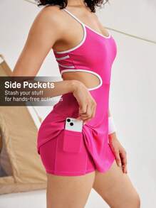 SHEIN Sovereign Charm Mono de tirantes con correas cruzadas y contraste de colores para mujer - Rosa Fucsia - Ver 3