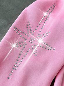 Manfinity EMRG 男士时尚街头 INS 风格水钻镶嵌蜘蛛网和心形图案休闲套头连帽衫，男友/丈夫礼物，周年纪念礼物，粉色 - 粉色 - 查看 3