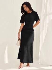 SHEIN PETITE 女式夏季纯色亚麻混纺休闲优雅连衣裙， - 黑色 - 查看 4