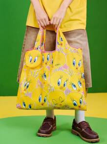 LOONEY TUNES X SHEIN 1 件卡通图案印花涤纶可折叠购物袋、沙滩包、手提袋，带可拆卸链条袋、时尚、崔弟 - 黃色 - 查看 4
