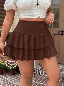 SHEIN EZwear 大码女式巧克力棕色短款 A 字裙，蛋糕风格 - 巧克力棕 - 查看 5