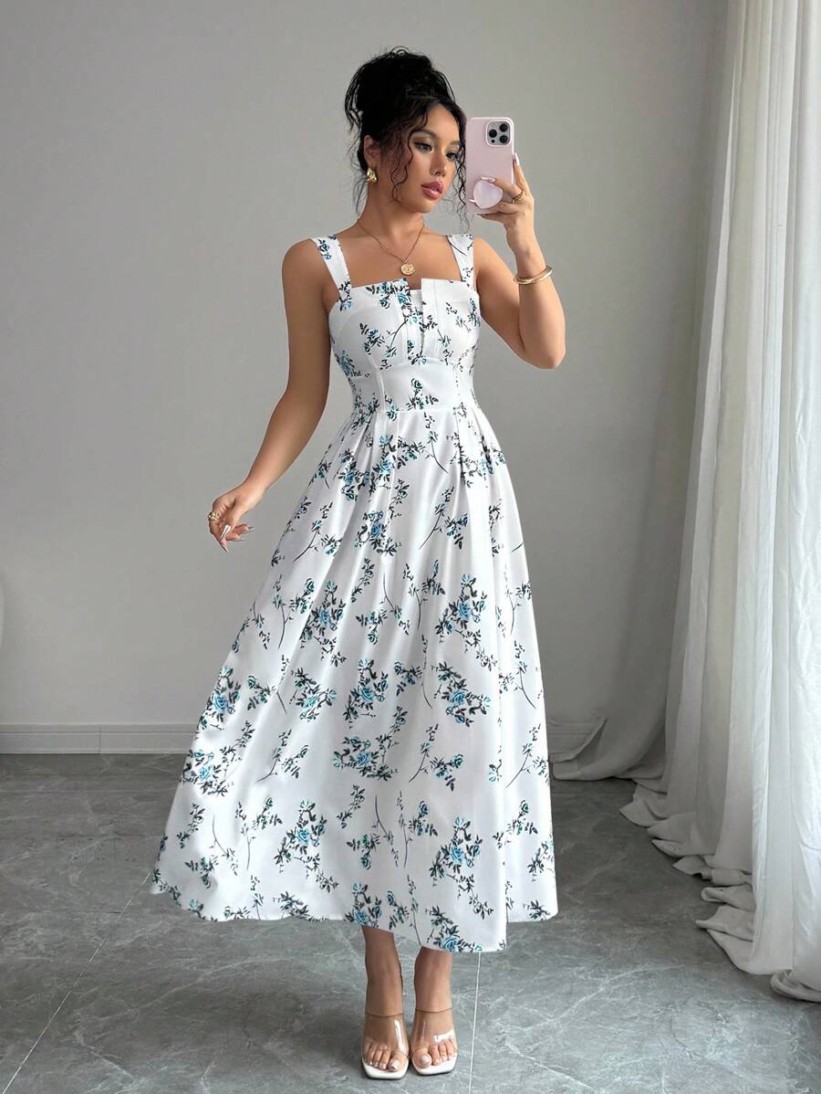 Elenzga New Arrival Latest Style Elegant Floral Print Shirred Waist Dress For Women, Spring/Summer - Multicolor - View 1