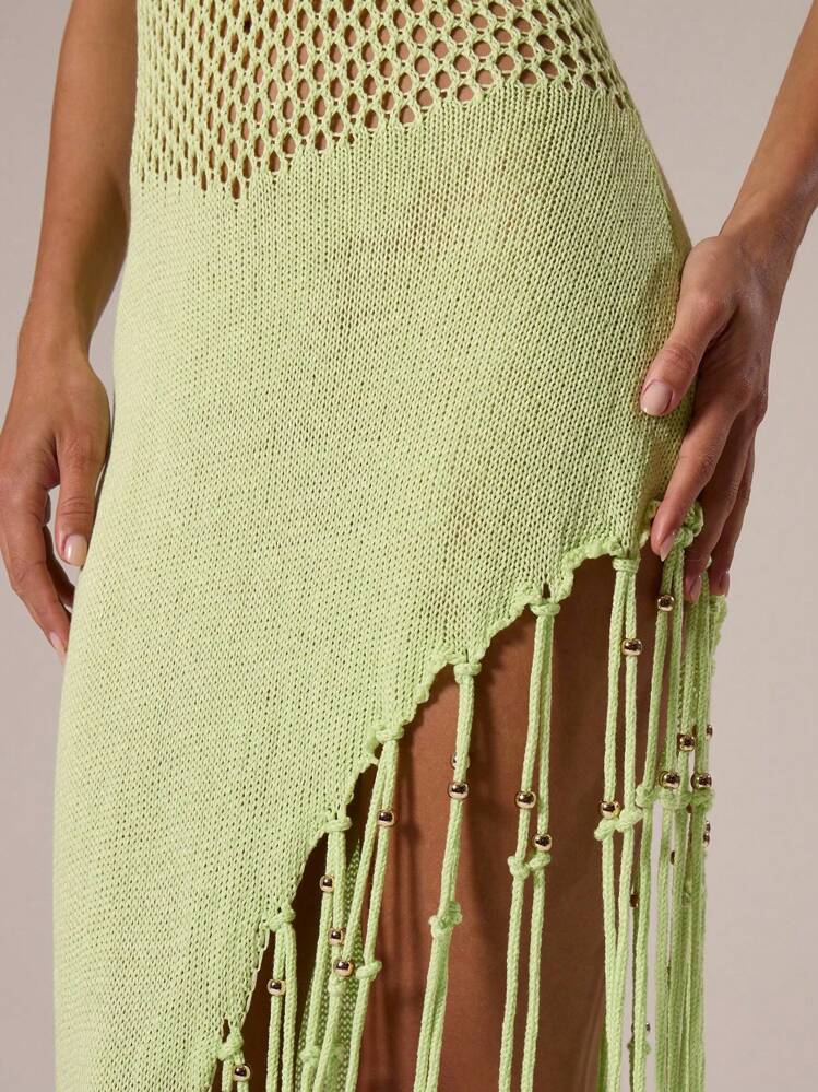Musera Resort Crochet Knit Beaded Fringing Detail Fitted Maxi Cover Up Dress Summer Vacation Ibiza Elegant Ibiza Cute Beach Festival Rave Boho Beachwear HOLIDAY CLOTHES, SUMMER OUTFITS - Lime Green - View 4