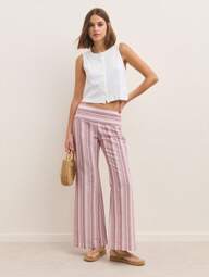 Nöista Pantalones acampanados a rayas con cintura cómoda y elástica. Perfectos para el verano, el ambiente de festivales o looks relajados para feriados en EE. UU. Mezcla suave de lino.