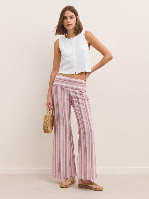 Nöista Pantalones acampanados a rayas con cintura cómoda y elástica. Perfectos para el verano, el ambiente de festivales o looks relajados para feriados en EE. UU. Mezcla suave de lino.