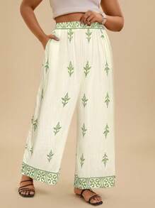 SHEIN VCAY Quần vải lanh nhẹ thoải mái họa tiết hình học cỡ lớn cho nữ mùa hè - màu xanh lá - Xem 6