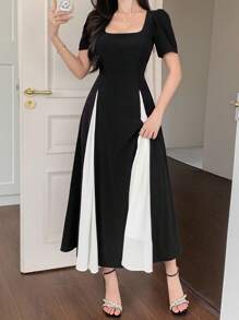 DAZY Women Elegant Commuter Color Block Patchwork Dress - Black and White - View 6