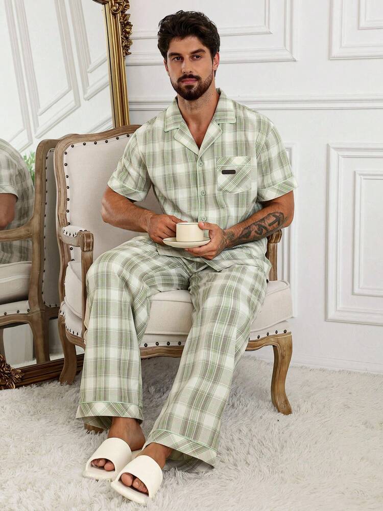 Spring/Summer Plaid Pattern Label Design Shirt & Loungewear Set For Men Pajama