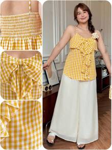 SHEIN LUNE Plus Size Women Yellow & White Plaid Ruffle Strap Back Cami Top Fall Country Concert Vintage Teacher Butter Yellow Top, 90s Back To School Homecoming Cute Streetwear Going Out