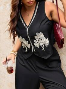 Elaquor 大码女式装饰单排扣背心和休闲裤两件套 - 黑色 - 查看 5