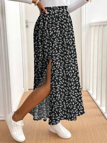 SHEIN Frenchy 女士休闲度假高开叉伞形下摆半身裙，适合夏季，碎花，法式优雅