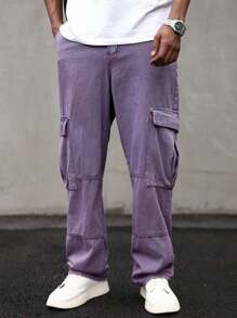Manfinity EMRG Celana Jeans Denim Longgar Ungu Pria Gaya Streetwear Cargo dengan Finishing Washed. Panjang dan Nyaman untuk Tampilan Kasual Avant-Garde. - Purple - View 4
